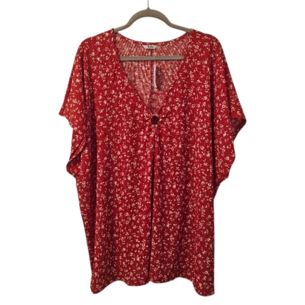 Red and White Penningtons Women's Decorative Ring Floral Printed V-Neck Knit Top